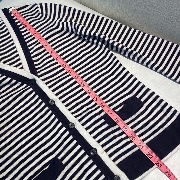 Lands’ End Cardigan Sweater Striped Small 6-8 Nautical Navy White Button Front - Picture 7 of 8